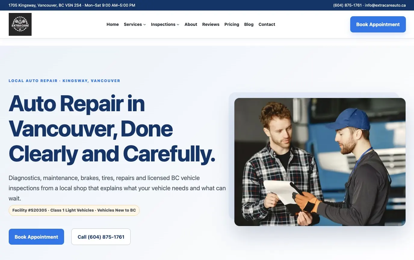 New Extra Care Auto Repair homepage after redesign
