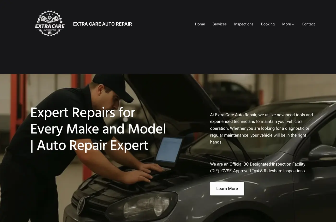 Old Extra Care Auto Repair homepage before redesign